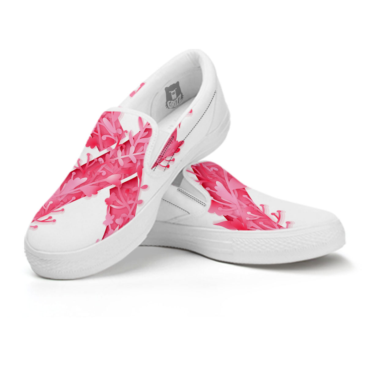Ribbon Flower Pink Breast Cancer Print White Slip On Shoes-grizzshop