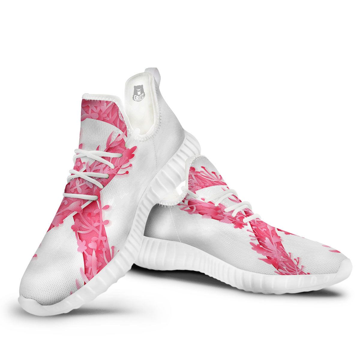 Ribbon Flower Pink Breast Cancer Print White Walking Shoes-grizzshop