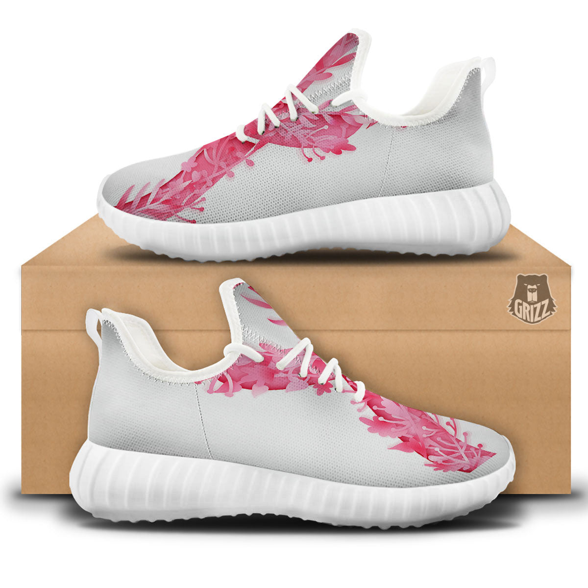 Ribbon Flower Pink Breast Cancer Print White Walking Shoes-grizzshop