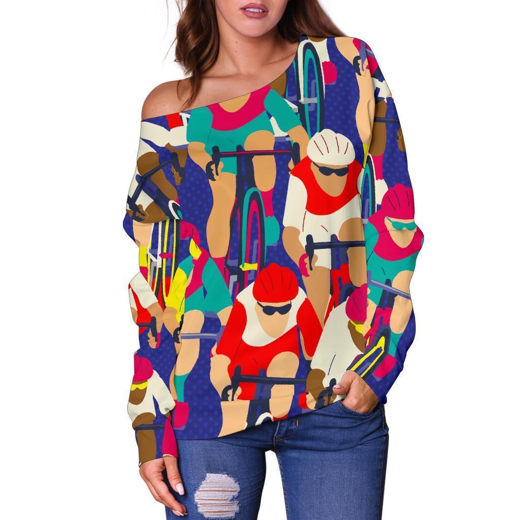 Ride Bicycle Pattern Print Women Off Shoulder Sweatshirt-grizzshop