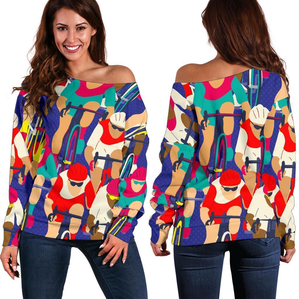 Ride Bicycle Pattern Print Women Off Shoulder Sweatshirt-grizzshop