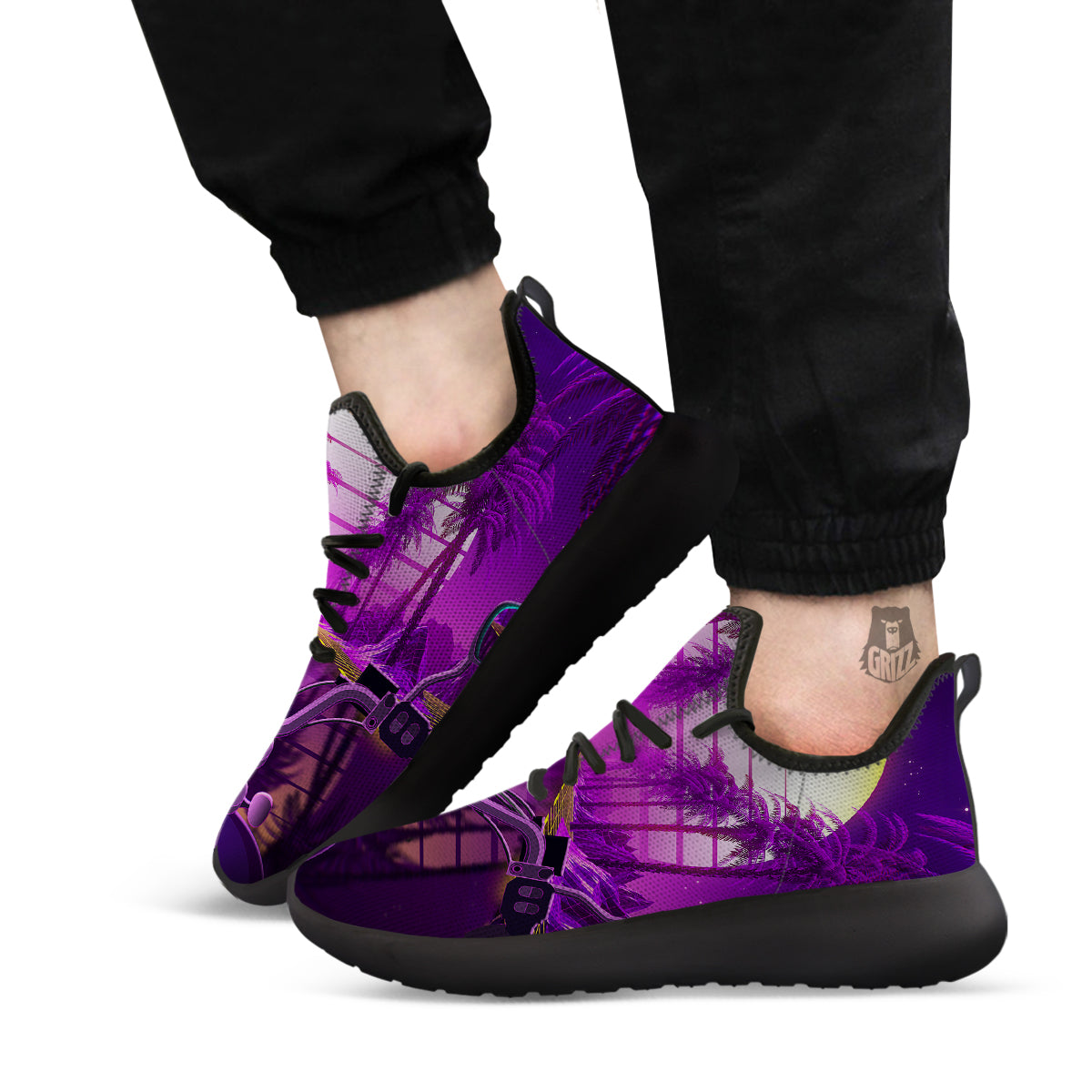 Riding Motorcycle Retro Purple Print Black Athletic Shoes-grizzshop