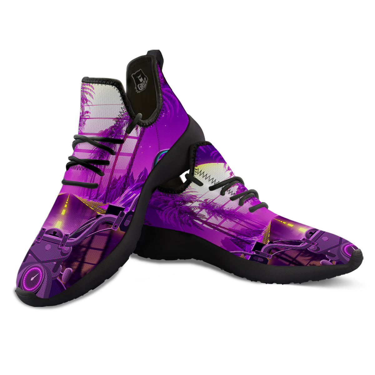 Riding Motorcycle Retro Purple Print Black Athletic Shoes-grizzshop