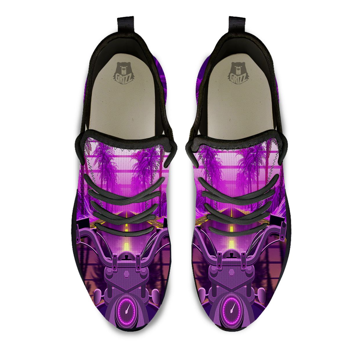 Riding Motorcycle Retro Purple Print Black Athletic Shoes-grizzshop