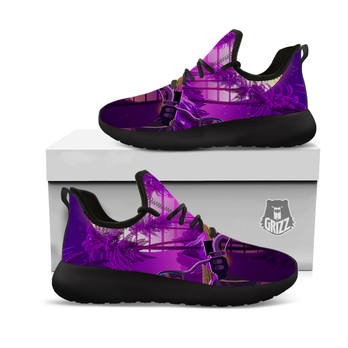 Riding Motorcycle Retro Purple Print Black Athletic Shoes-grizzshop