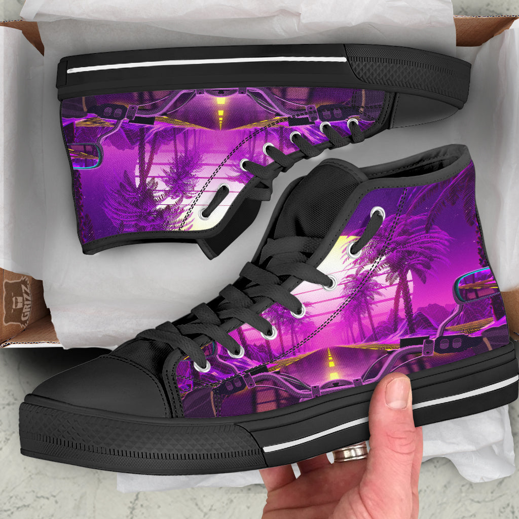 Riding Motorcycle Retro Purple Print Black High Top Shoes-grizzshop