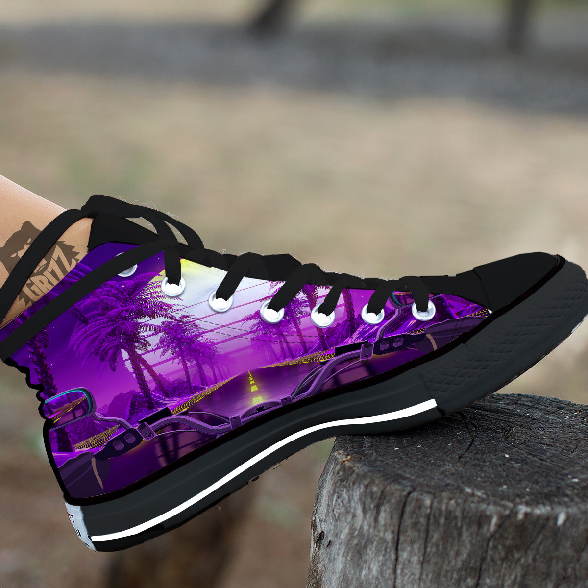 Riding Motorcycle Retro Purple Print Black High Top Shoes-grizzshop