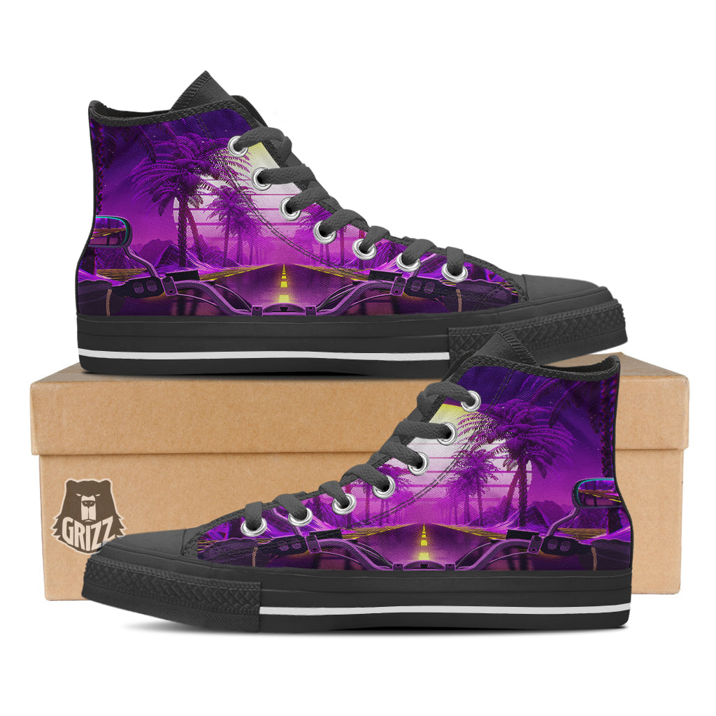 Riding Motorcycle Retro Purple Print Black High Top Shoes-grizzshop
