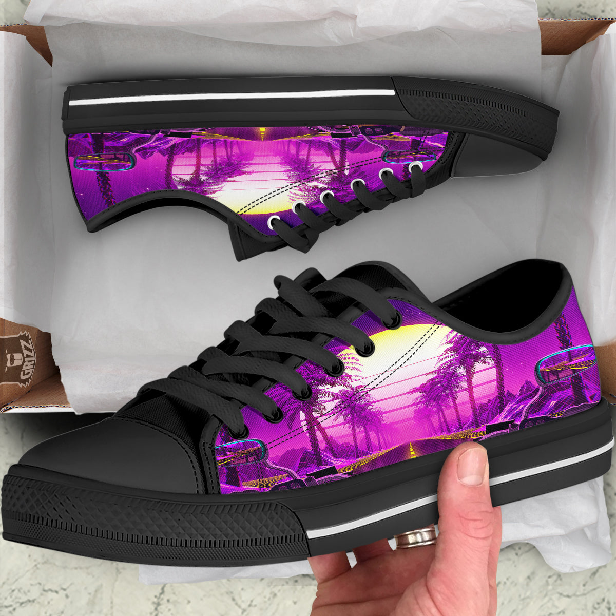 Riding Motorcycle Retro Purple Print Black Low Top Shoes-grizzshop