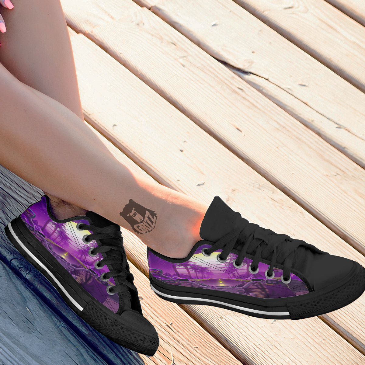 Riding Motorcycle Retro Purple Print Black Low Top Shoes-grizzshop