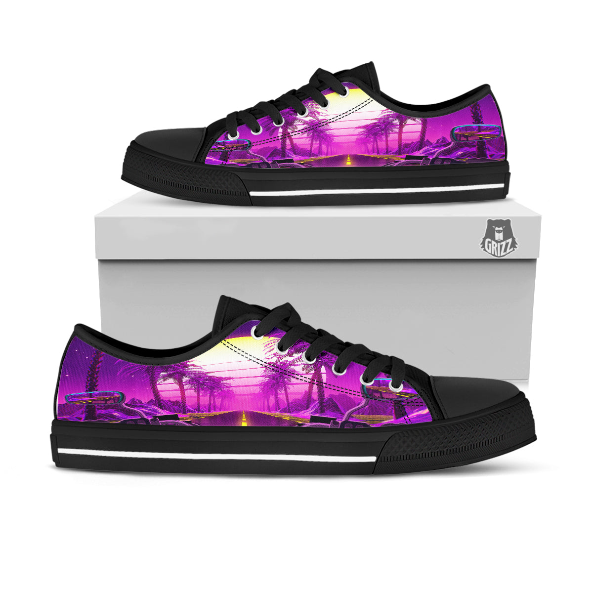 Riding Motorcycle Retro Purple Print Black Low Top Shoes-grizzshop