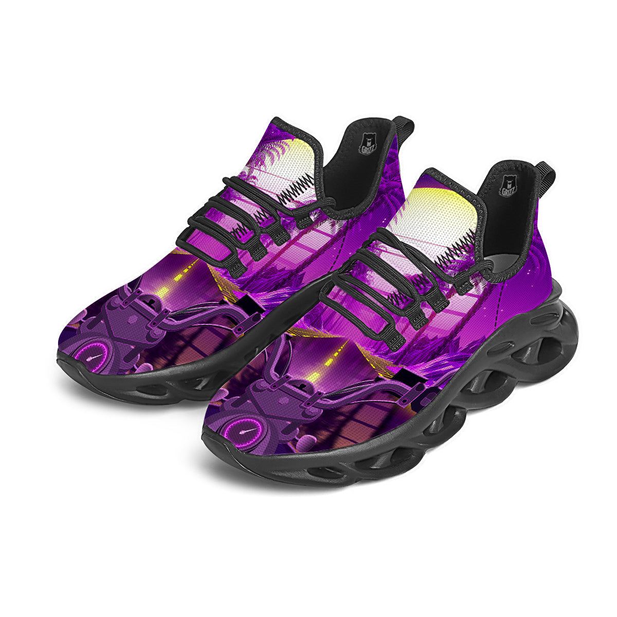Riding Motorcycle Retro Purple Print Black Running Shoes-grizzshop