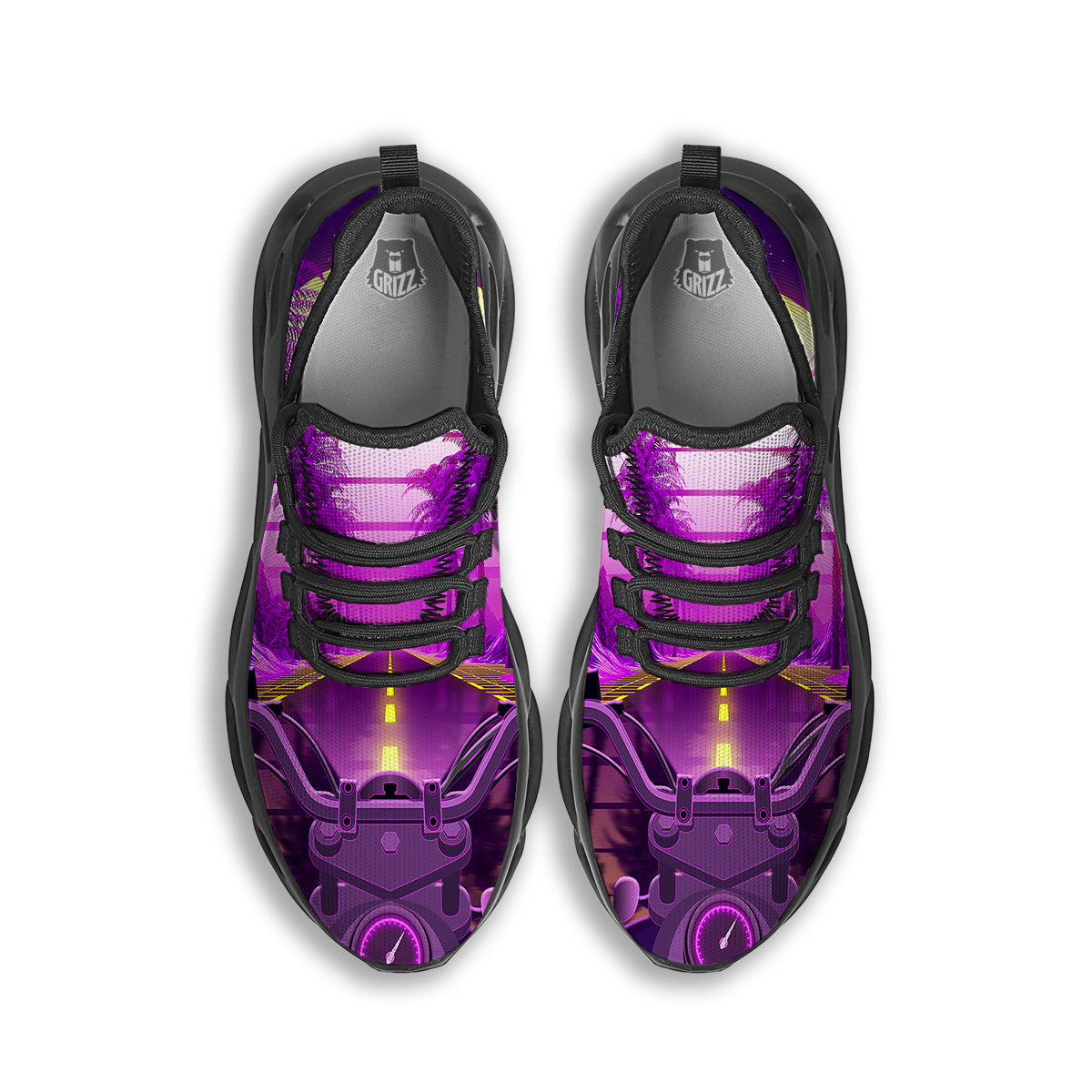 Riding Motorcycle Retro Purple Print Black Running Shoes-grizzshop