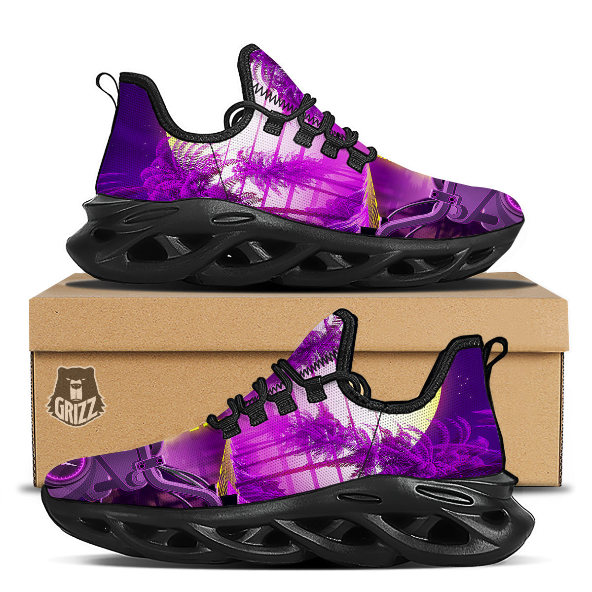 Riding Motorcycle Retro Purple Print Black Running Shoes-grizzshop