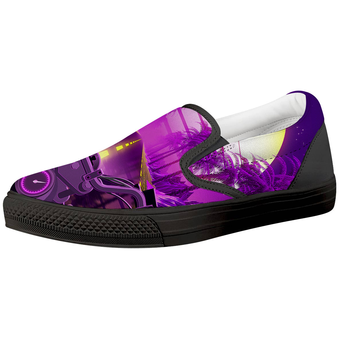 Riding Motorcycle Retro Purple Print Black Slip On Shoes-grizzshop