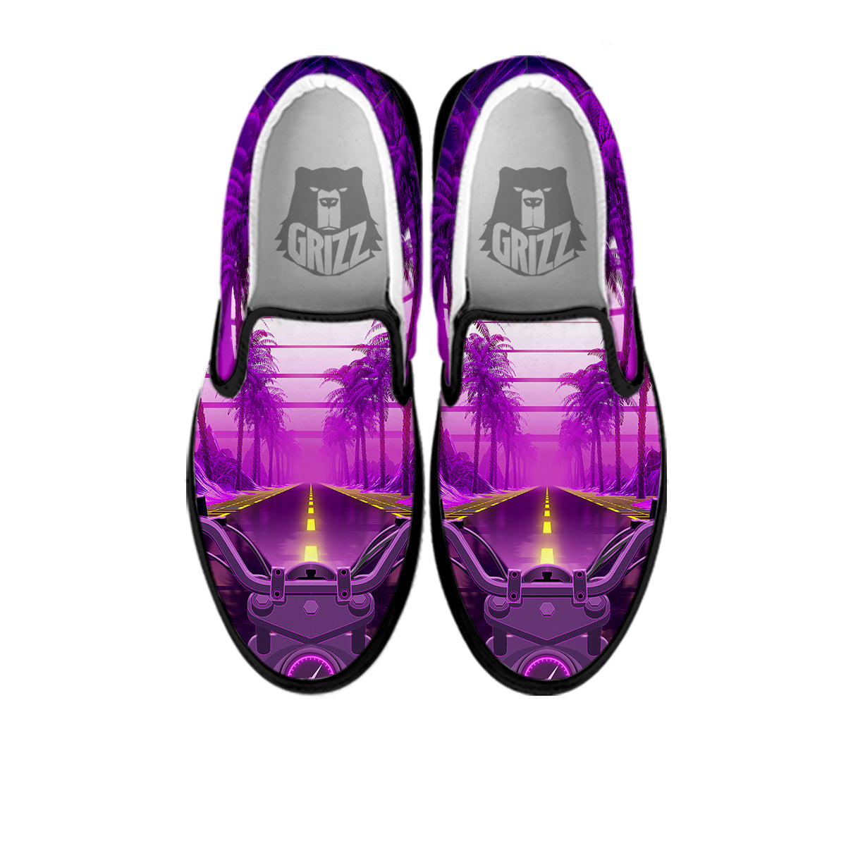 Riding Motorcycle Retro Purple Print Black Slip On Shoes-grizzshop