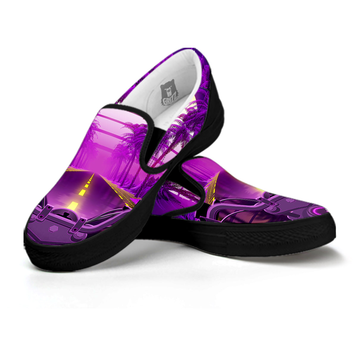 Riding Motorcycle Retro Purple Print Black Slip On Shoes-grizzshop