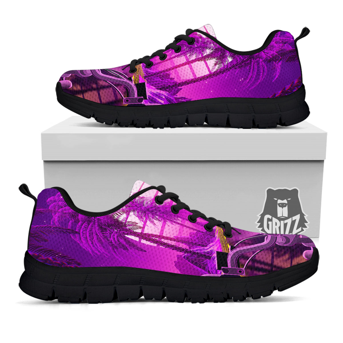 Riding Motorcycle Retro Purple Print Black Sneaker-grizzshop