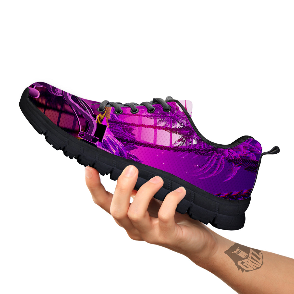Riding Motorcycle Retro Purple Print Black Sneaker-grizzshop