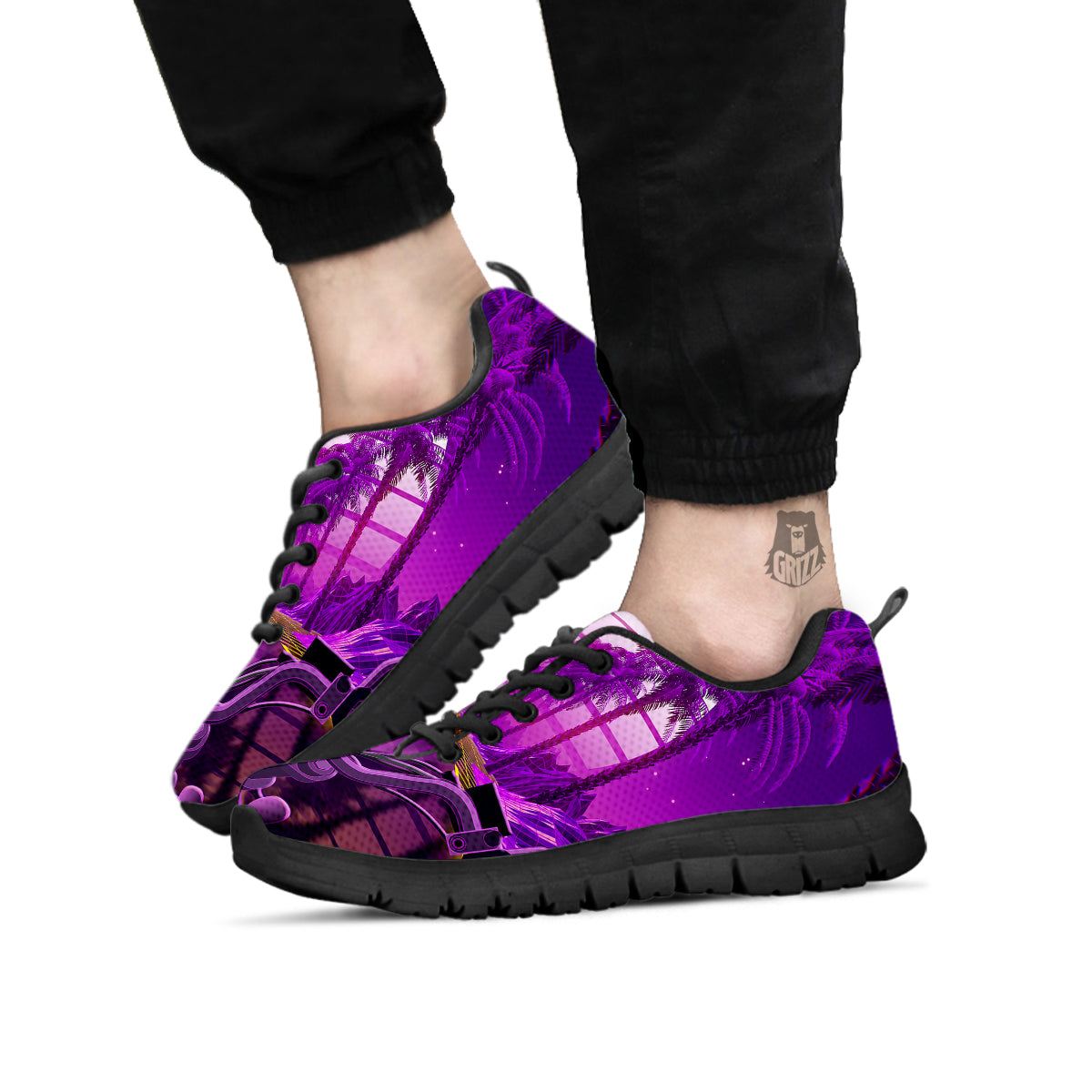 Riding Motorcycle Retro Purple Print Black Sneaker-grizzshop
