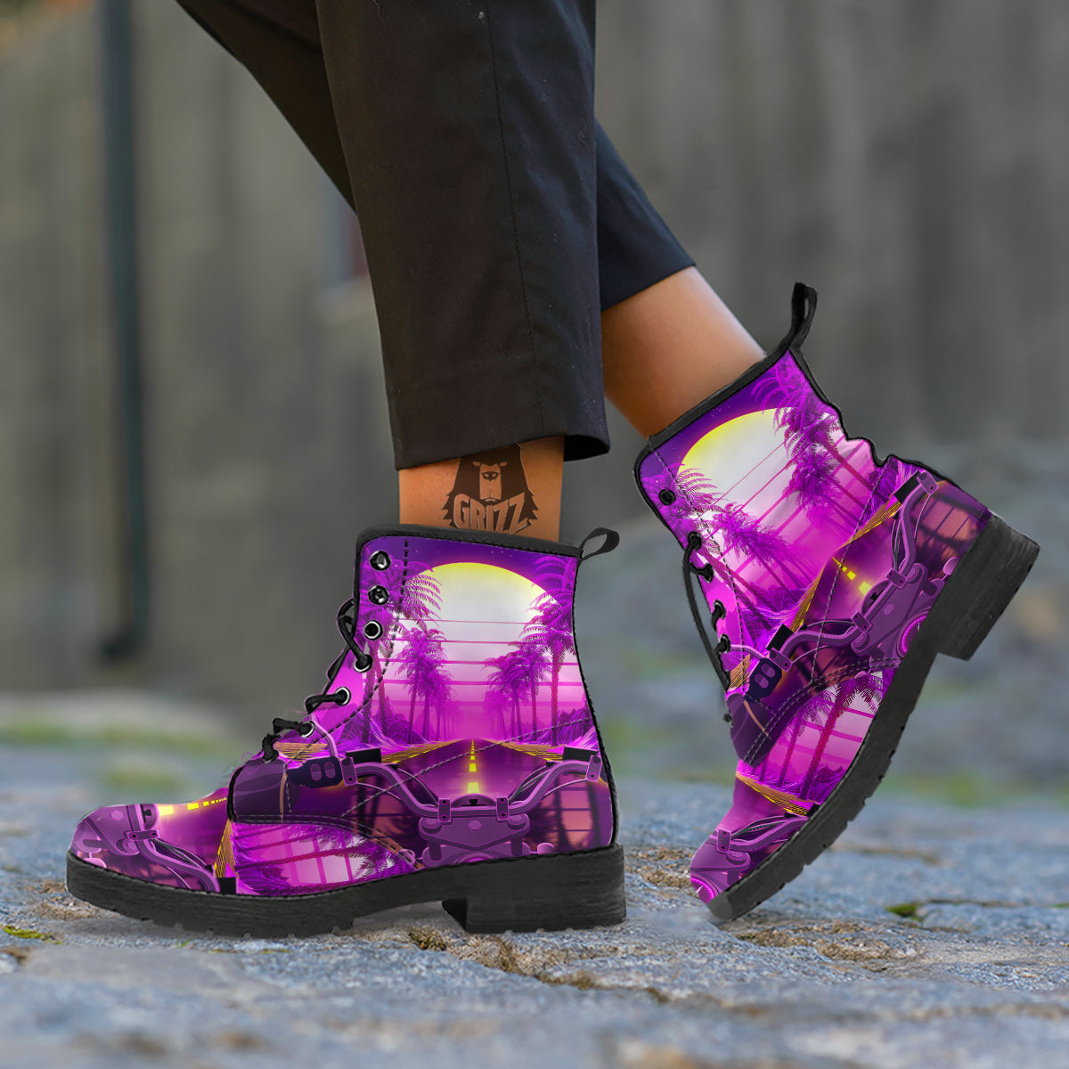 Riding Motorcycle Retro Purple Print Leather Boots-grizzshop