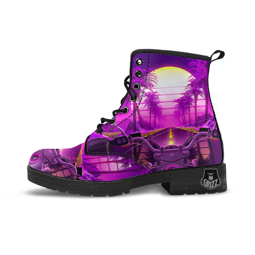 Riding Motorcycle Retro Purple Print Leather Boots-grizzshop