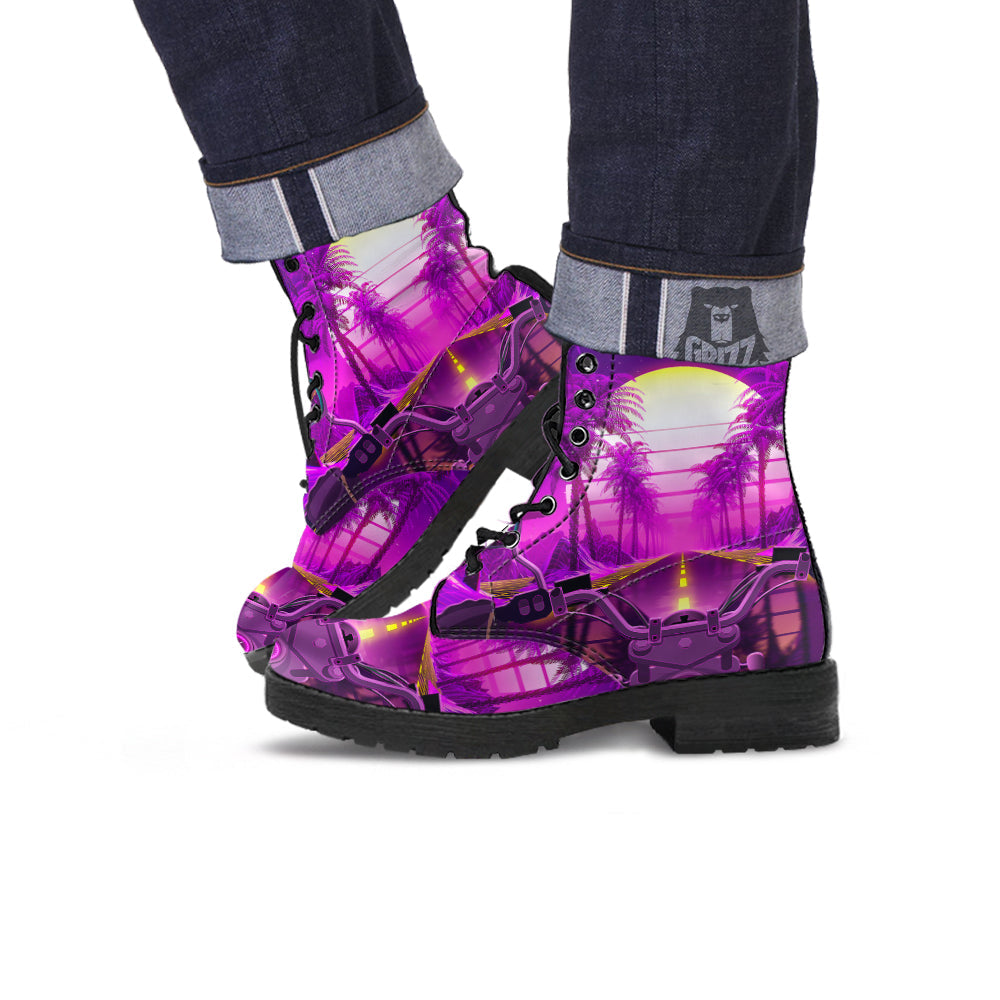 Riding Motorcycle Retro Purple Print Leather Boots-grizzshop