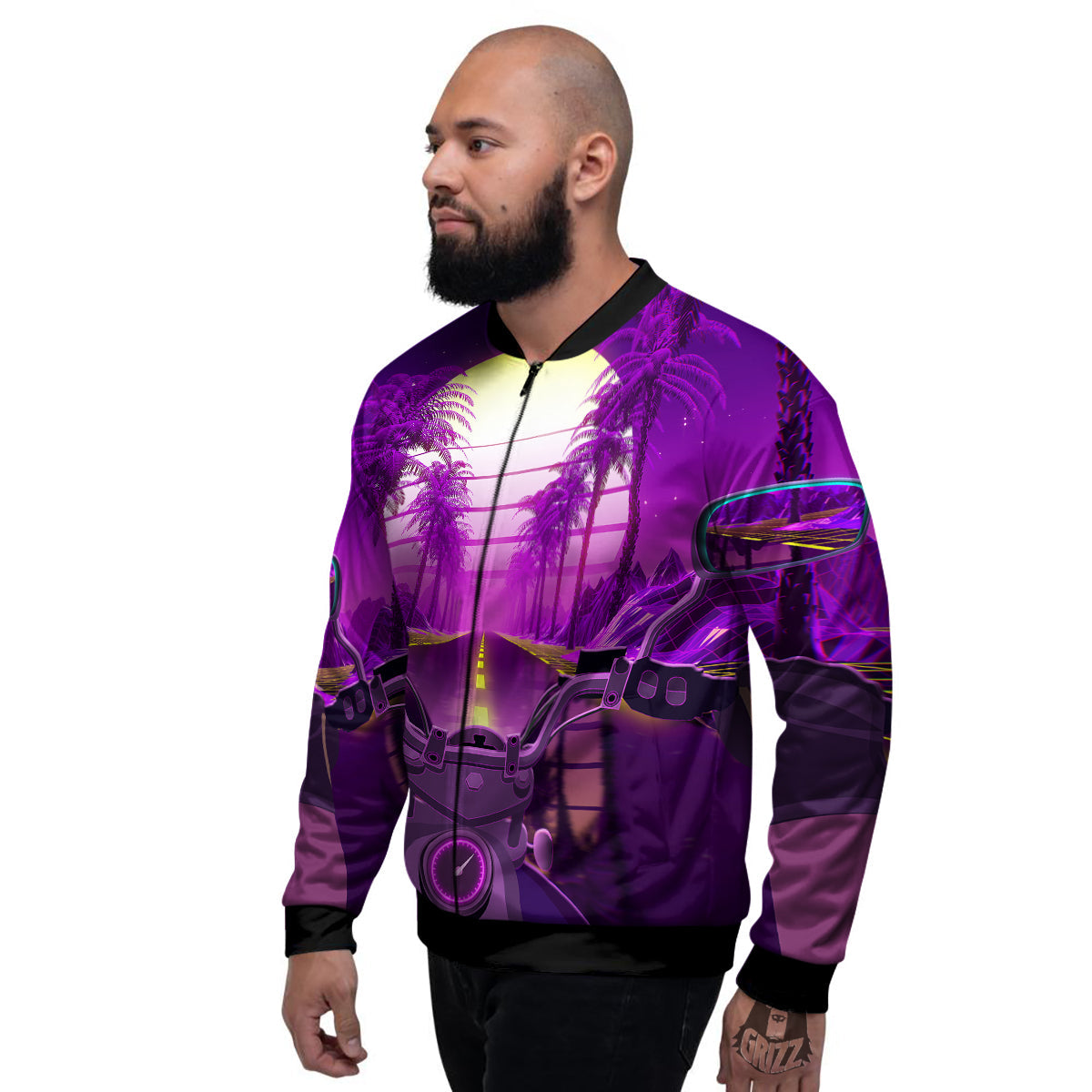 Riding Motorcycle Retro Purple Print Men's Bomber Jacket-grizzshop