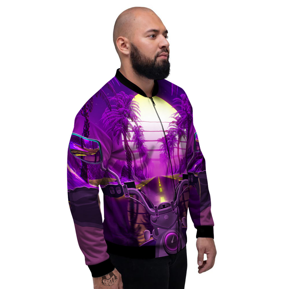 Riding Motorcycle Retro Purple Print Men's Bomber Jacket-grizzshop