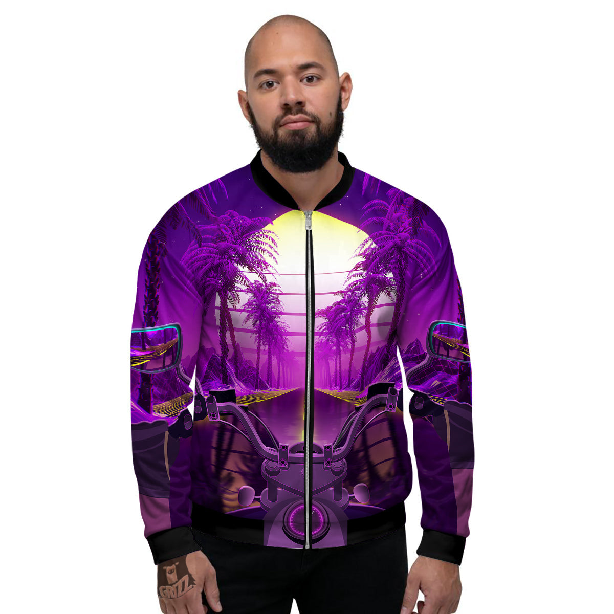 Riding Motorcycle Retro Purple Print Men's Bomber Jacket-grizzshop