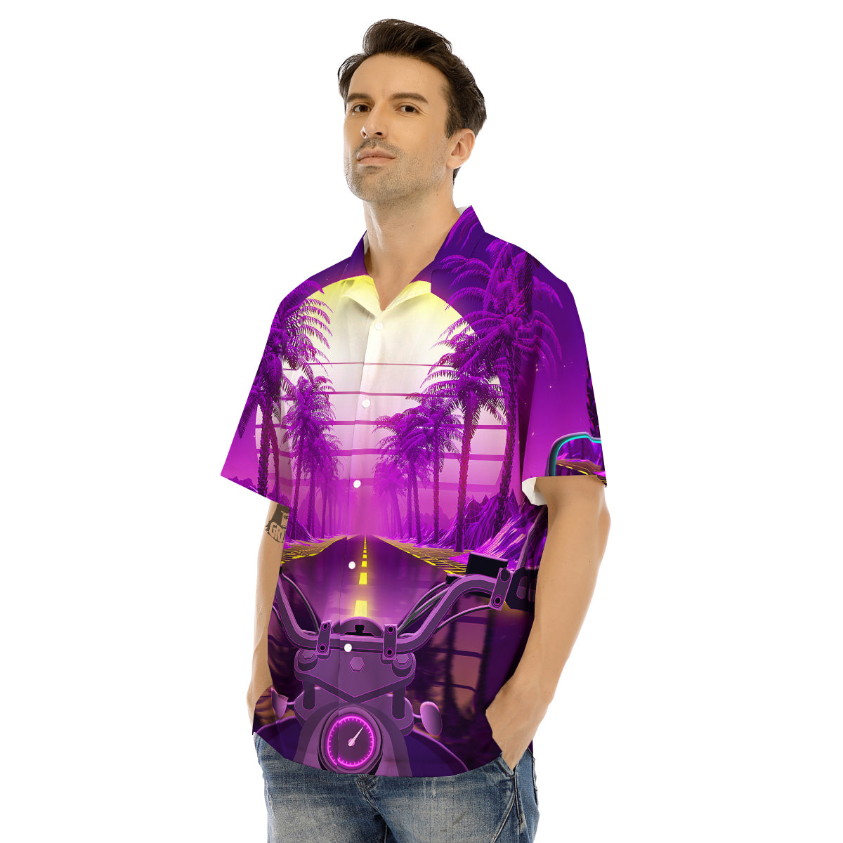 Riding Motorcycle Retro Purple Print Men's Hawaiian Shirt-grizzshop