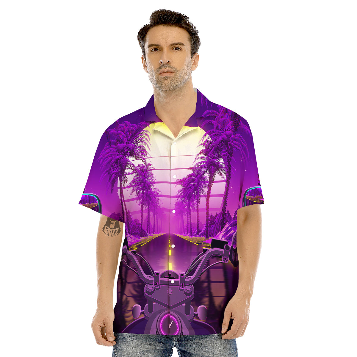 Riding Motorcycle Retro Purple Print Men's Hawaiian Shirt-grizzshop