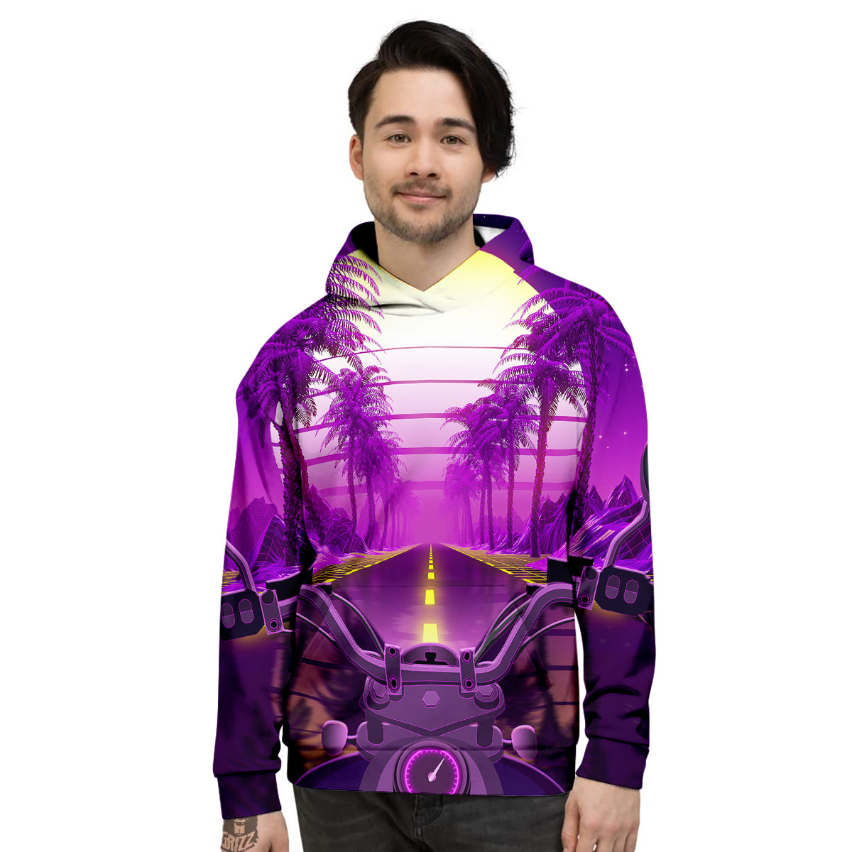 Riding Motorcycle Retro Purple Print Men's Hoodie-grizzshop