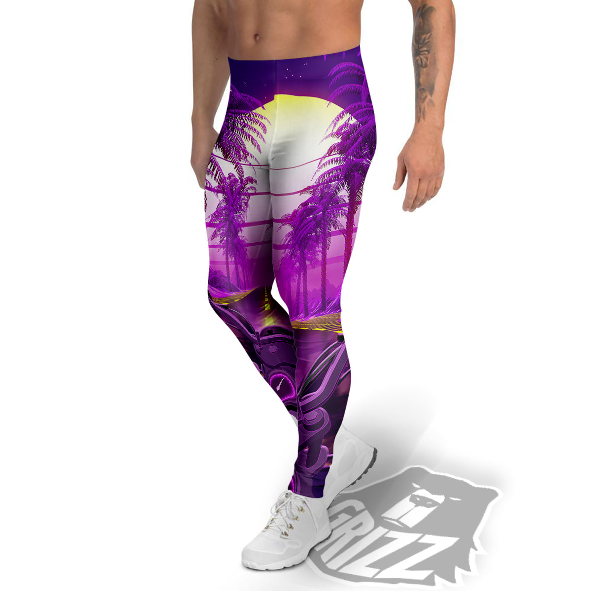 Riding Motorcycle Retro Purple Print Men's Leggings-grizzshop