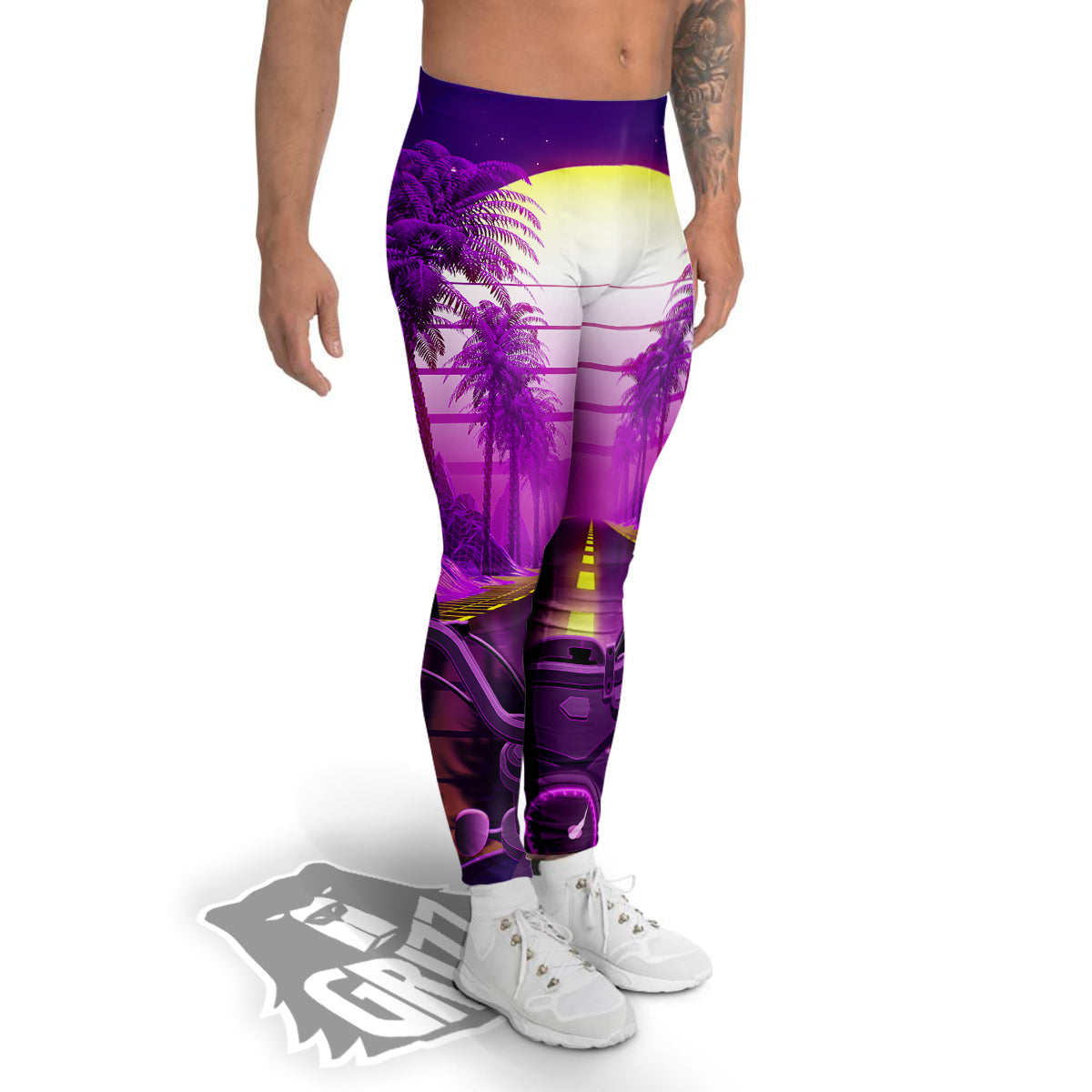 Riding Motorcycle Retro Purple Print Men's Leggings-grizzshop