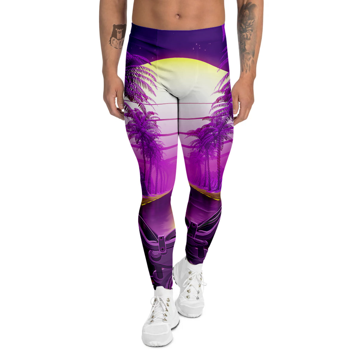 Riding Motorcycle Retro Purple Print Men's Leggings-grizzshop