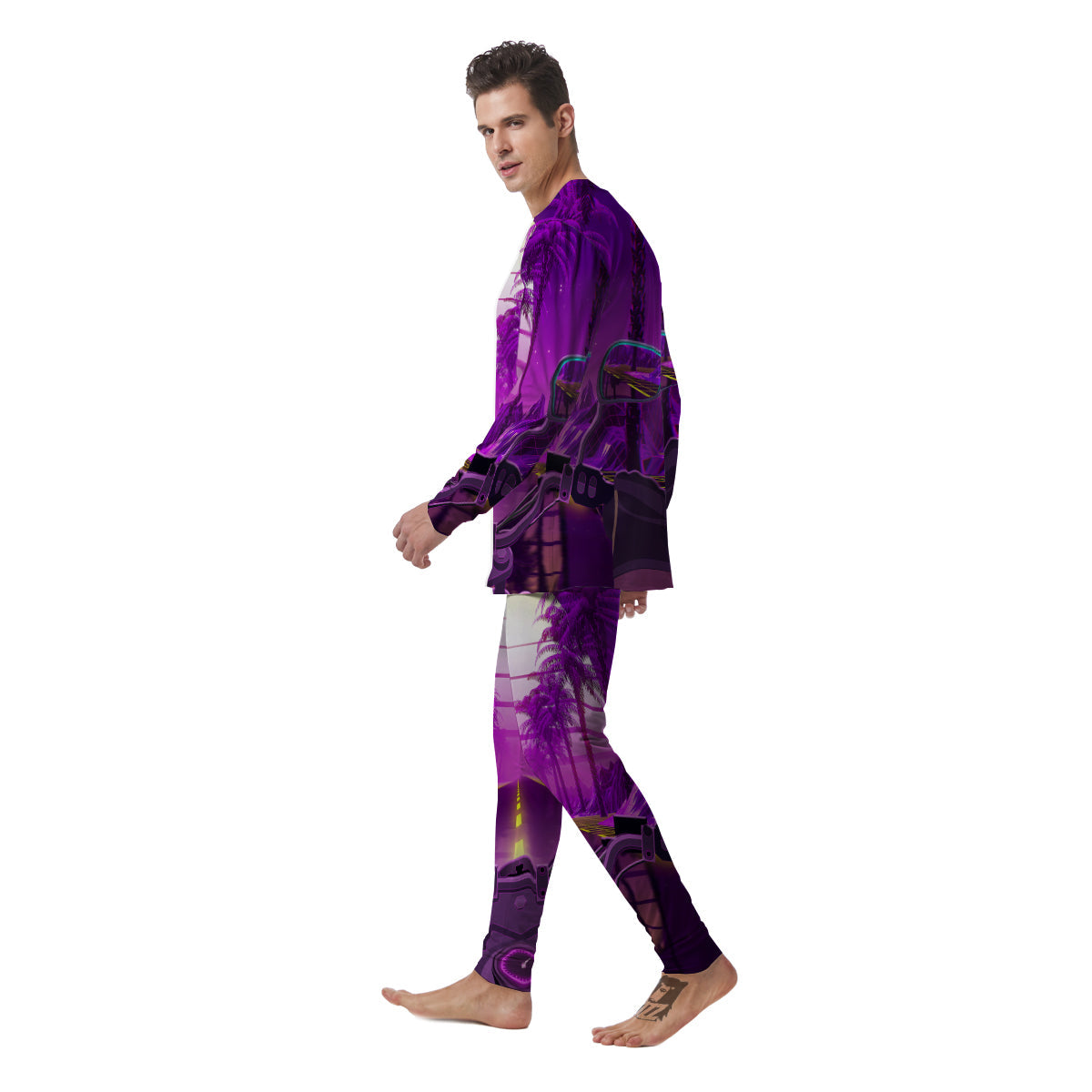 Riding Motorcycle Retro Purple Print Men's Pajamas-grizzshop