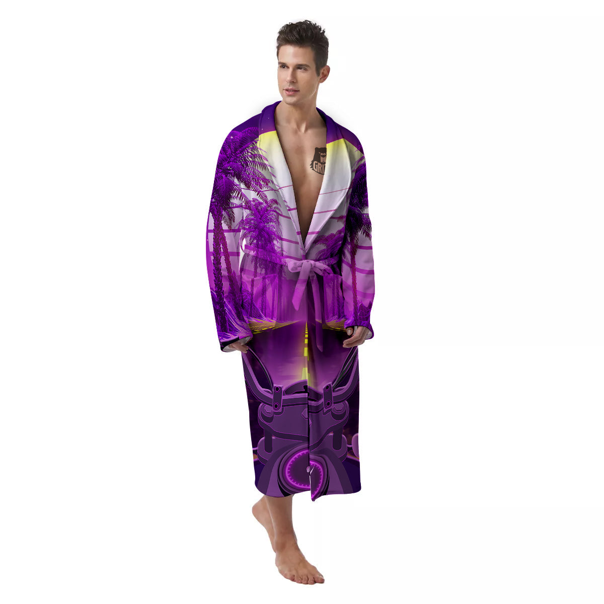 Riding Motorcycle Retro Purple Print Men's Robe-grizzshop