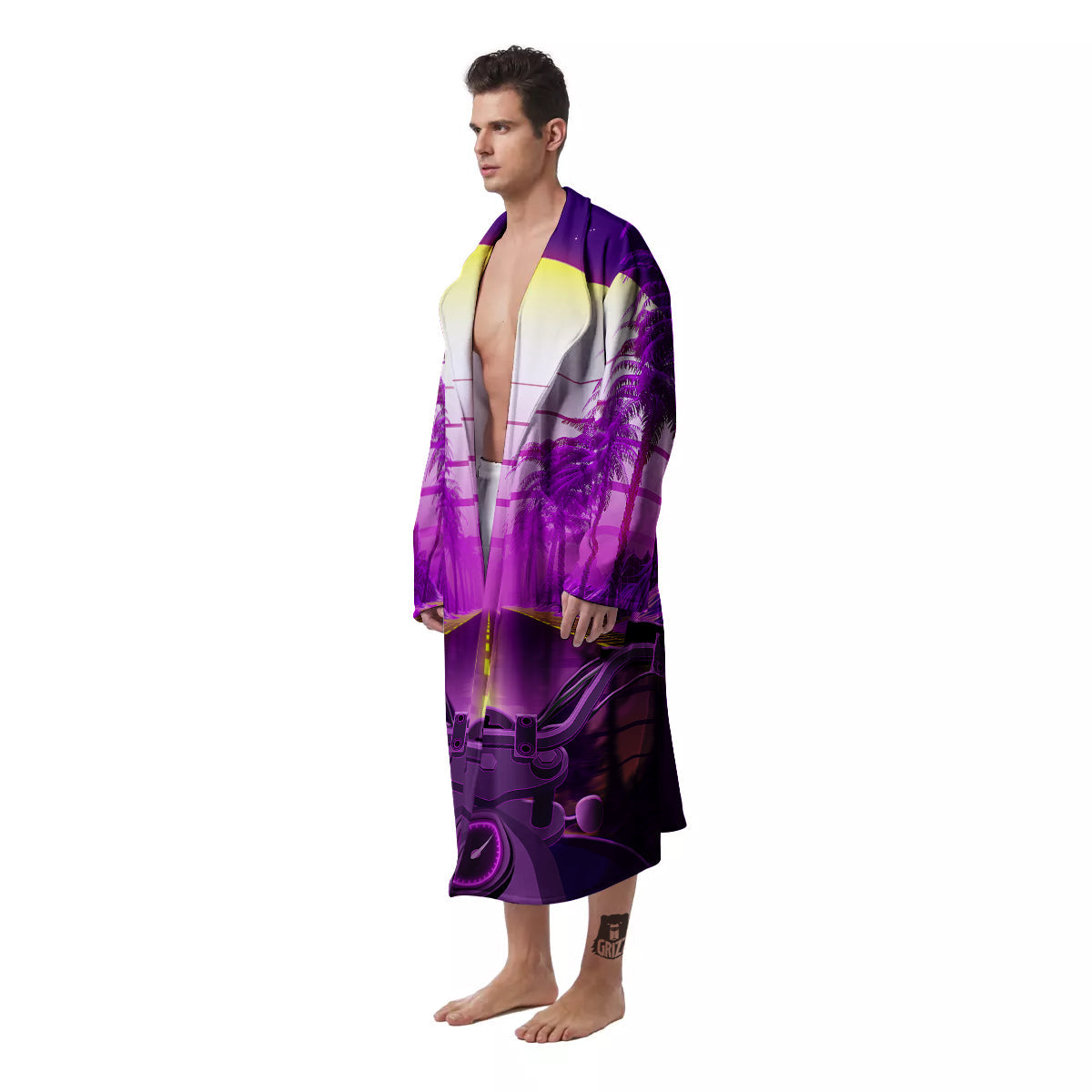 Riding Motorcycle Retro Purple Print Men's Robe-grizzshop