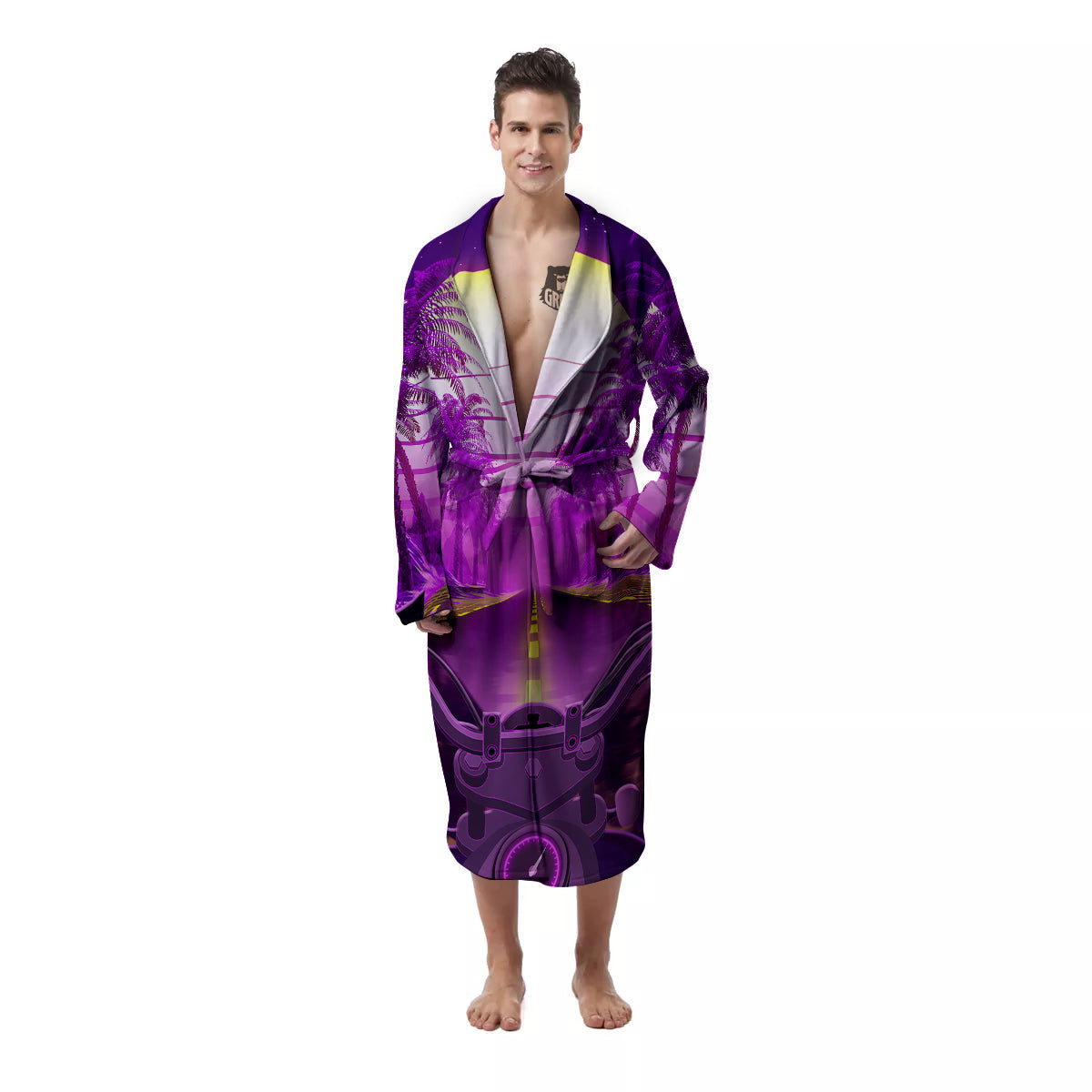 Riding Motorcycle Retro Purple Print Men's Robe-grizzshop