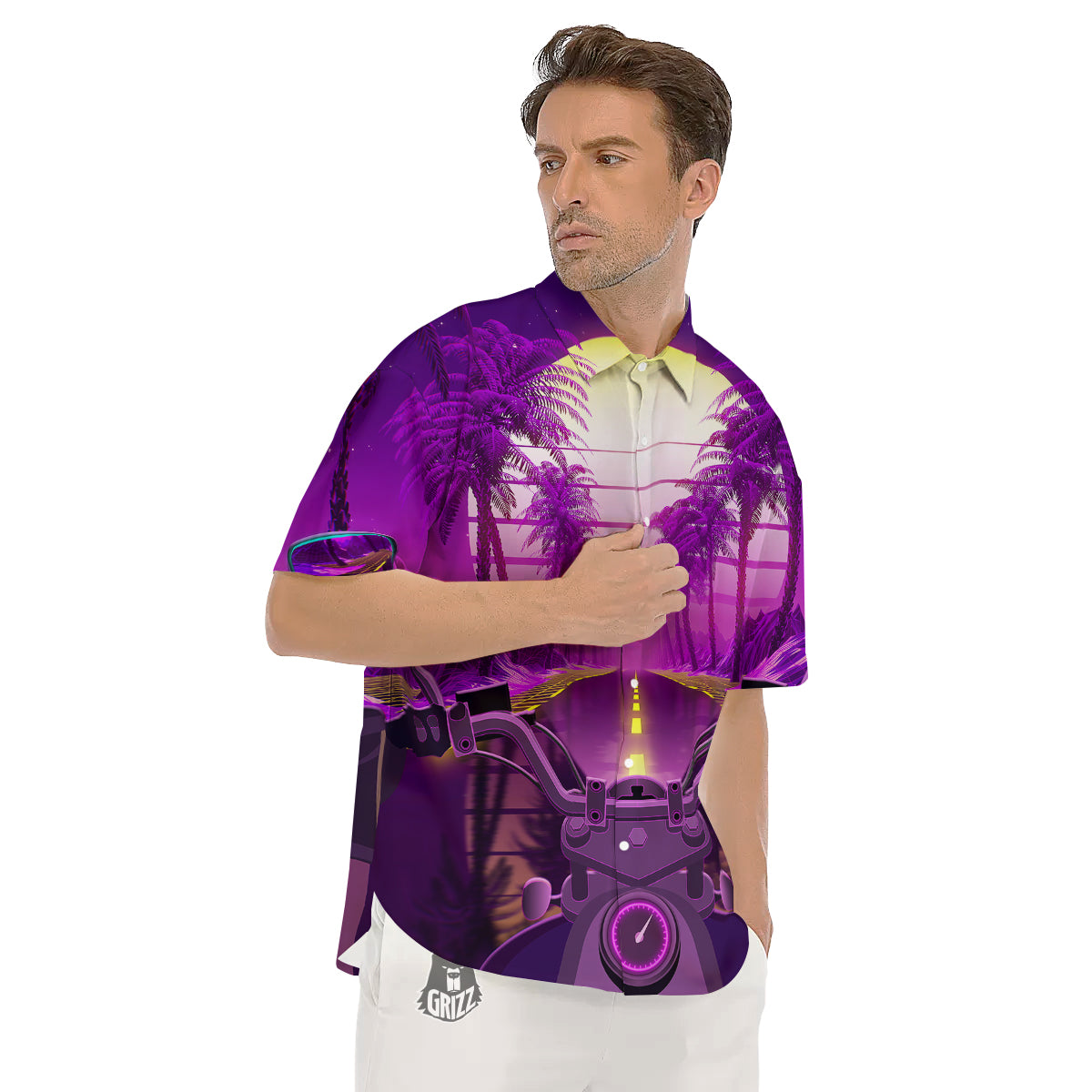 Riding Motorcycle Retro Purple Print Men's Short Sleeve Shirts-grizzshop