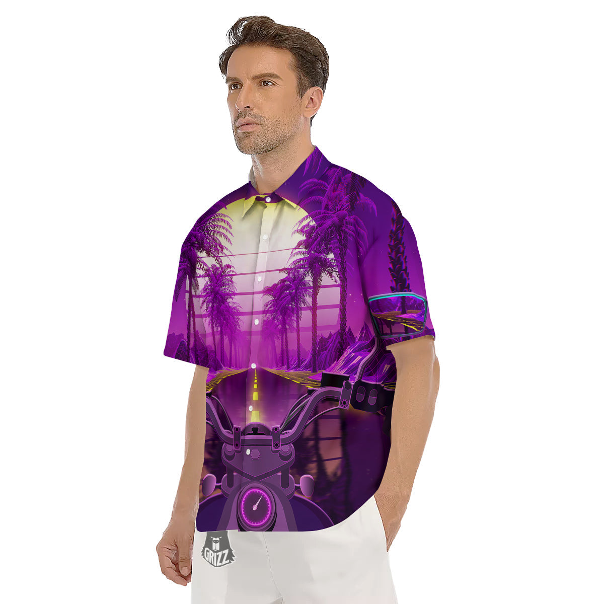 Riding Motorcycle Retro Purple Print Men's Short Sleeve Shirts-grizzshop