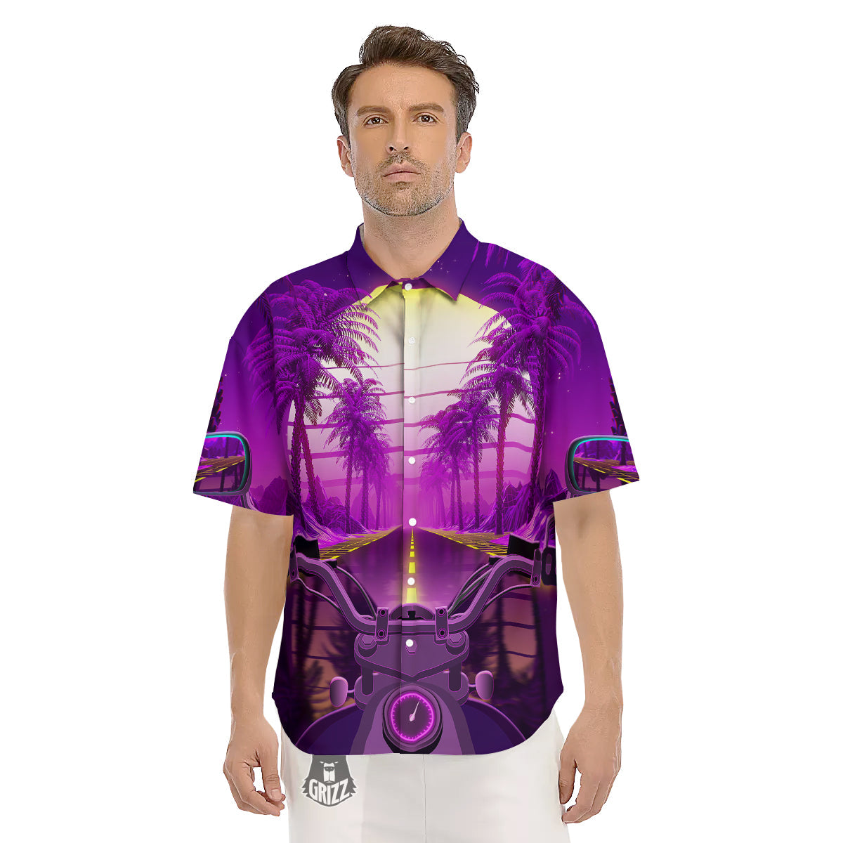 Riding Motorcycle Retro Purple Print Men's Short Sleeve Shirts-grizzshop