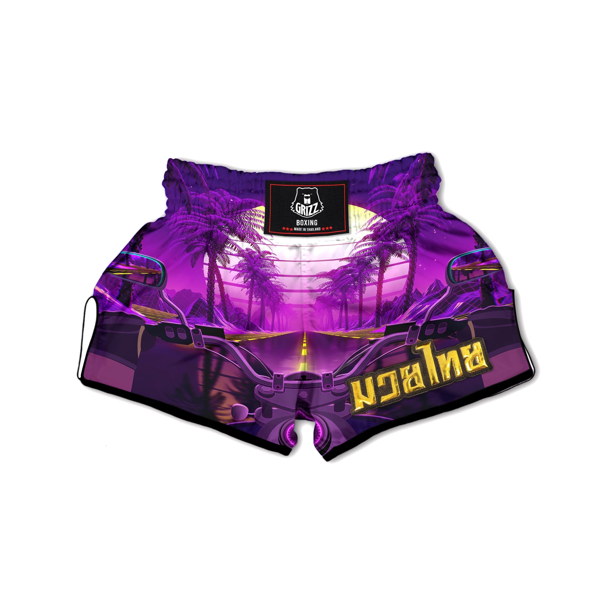 Riding Motorcycle Retro Purple Print Muay Thai Boxing Shorts-grizzshop