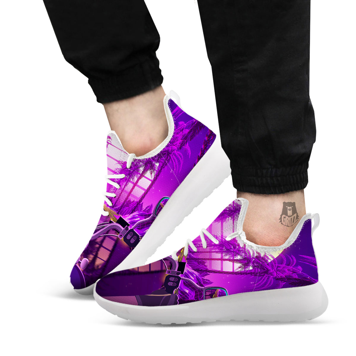 Riding Motorcycle Retro Purple Print White Athletic Shoes-grizzshop