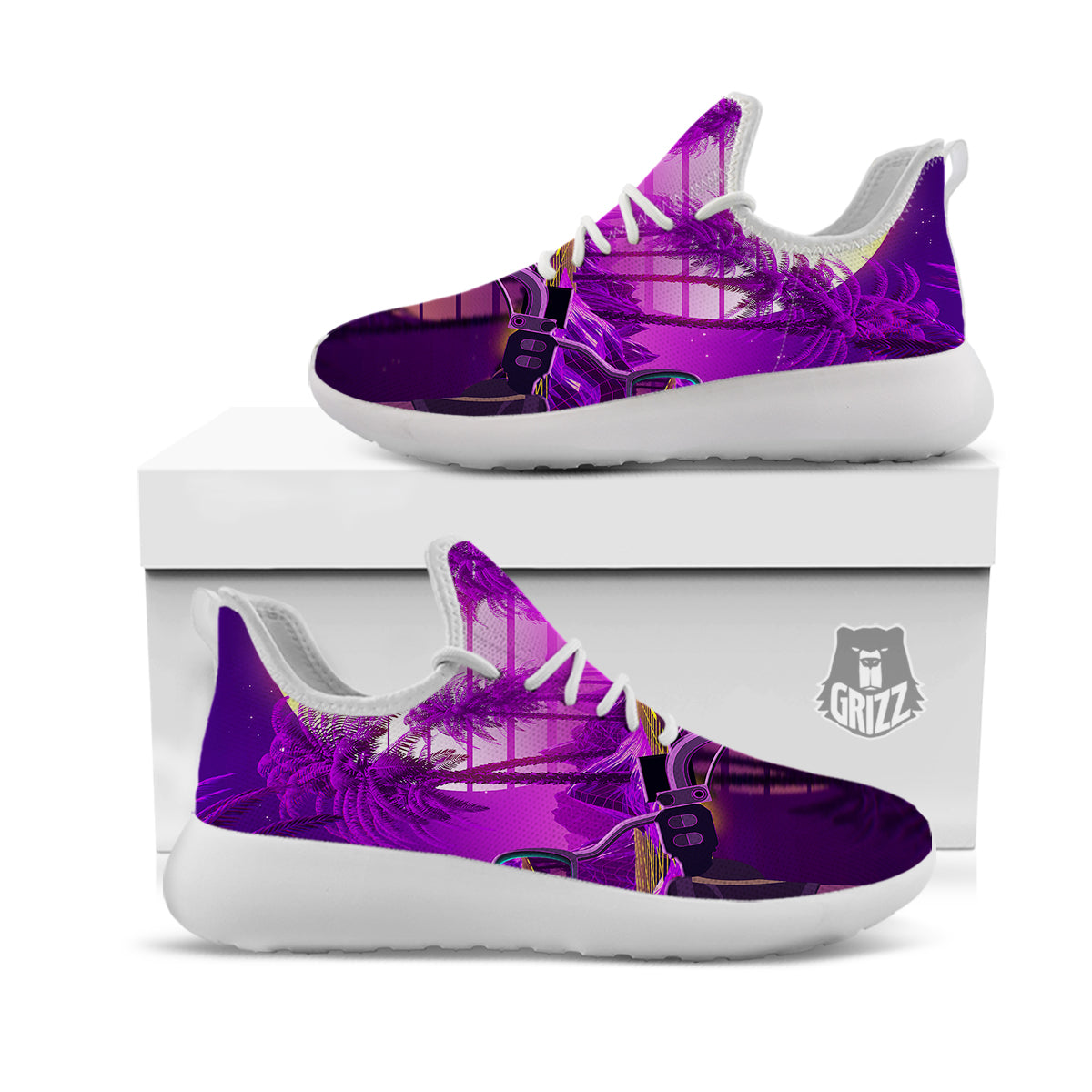 Riding Motorcycle Retro Purple Print White Athletic Shoes-grizzshop
