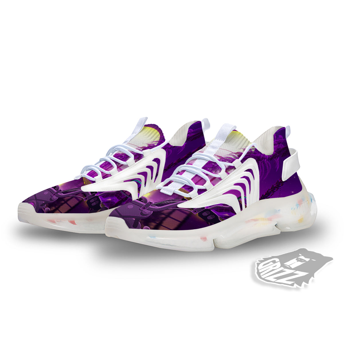 Riding Motorcycle Retro Purple Print White Gym Shoes-grizzshop