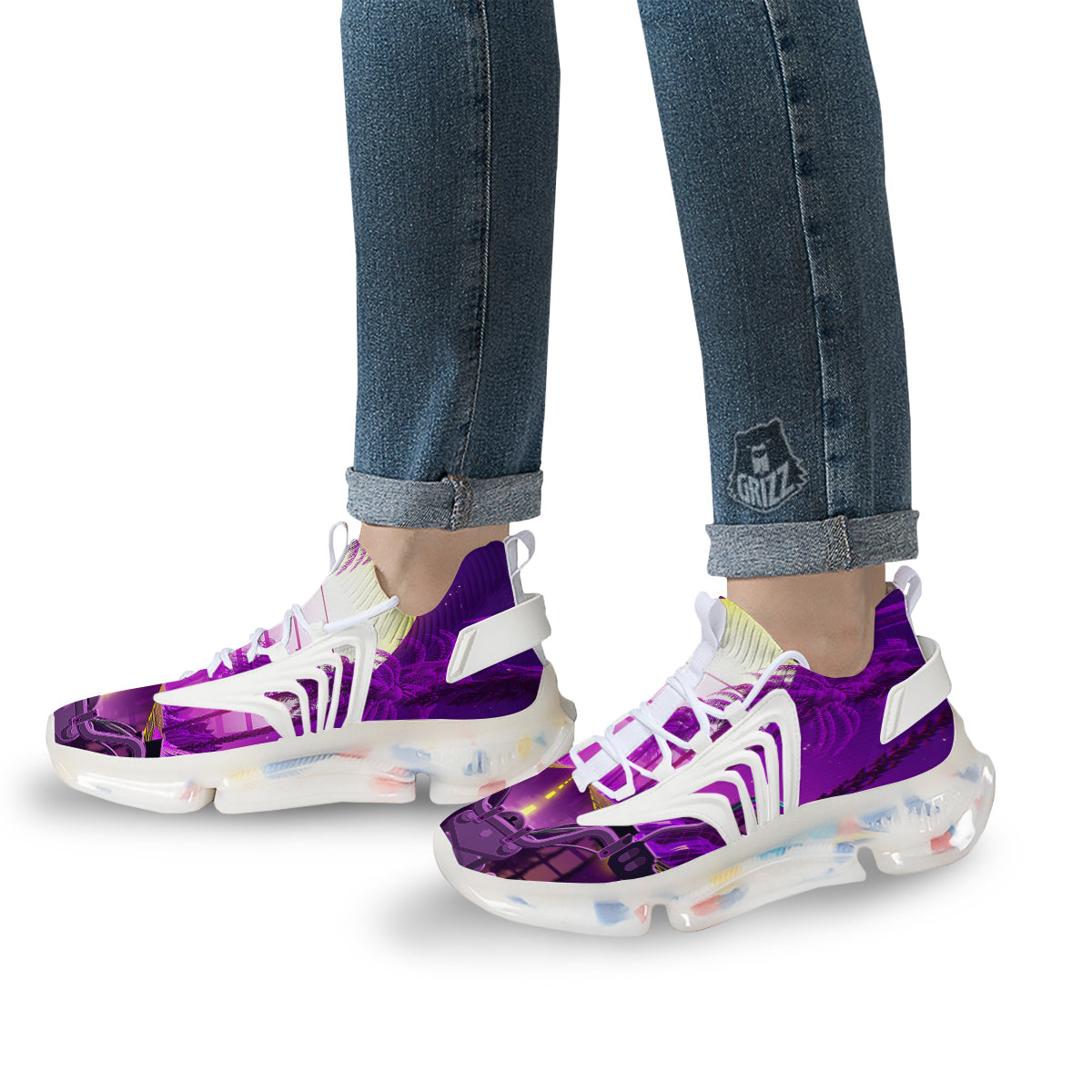 Riding Motorcycle Retro Purple Print White Gym Shoes-grizzshop