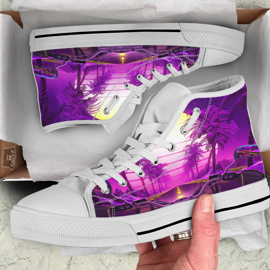 Riding Motorcycle Retro Purple Print White High Top Shoes-grizzshop