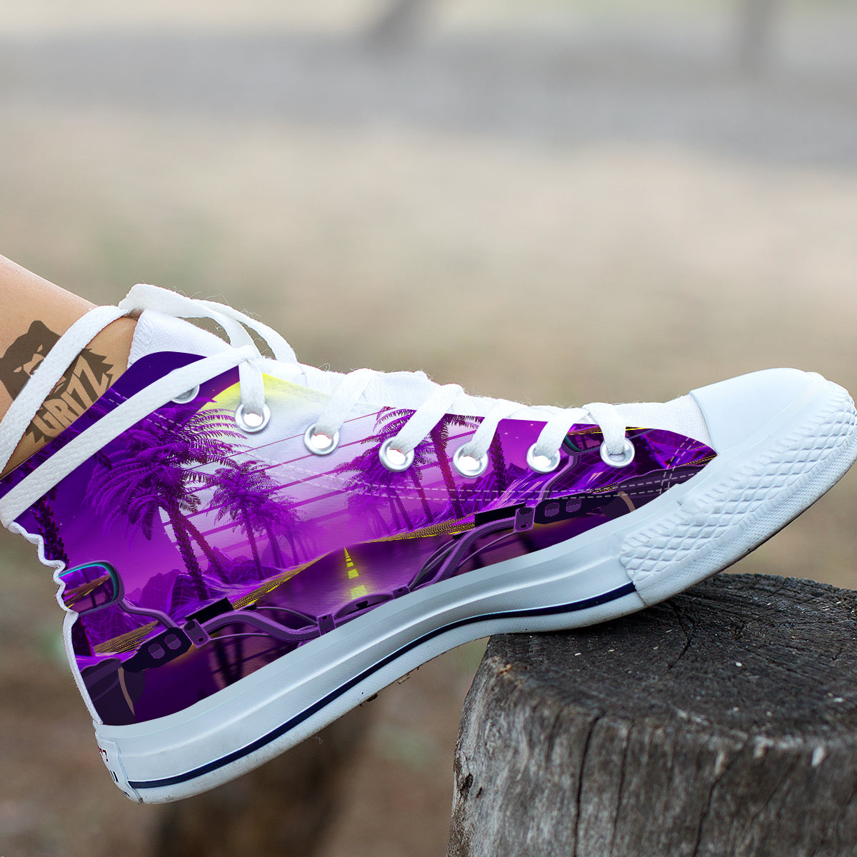 Riding Motorcycle Retro Purple Print White High Top Shoes-grizzshop